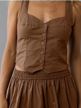 American Eagle Brown Button-Front Cotton Blend Vest Top, tie back